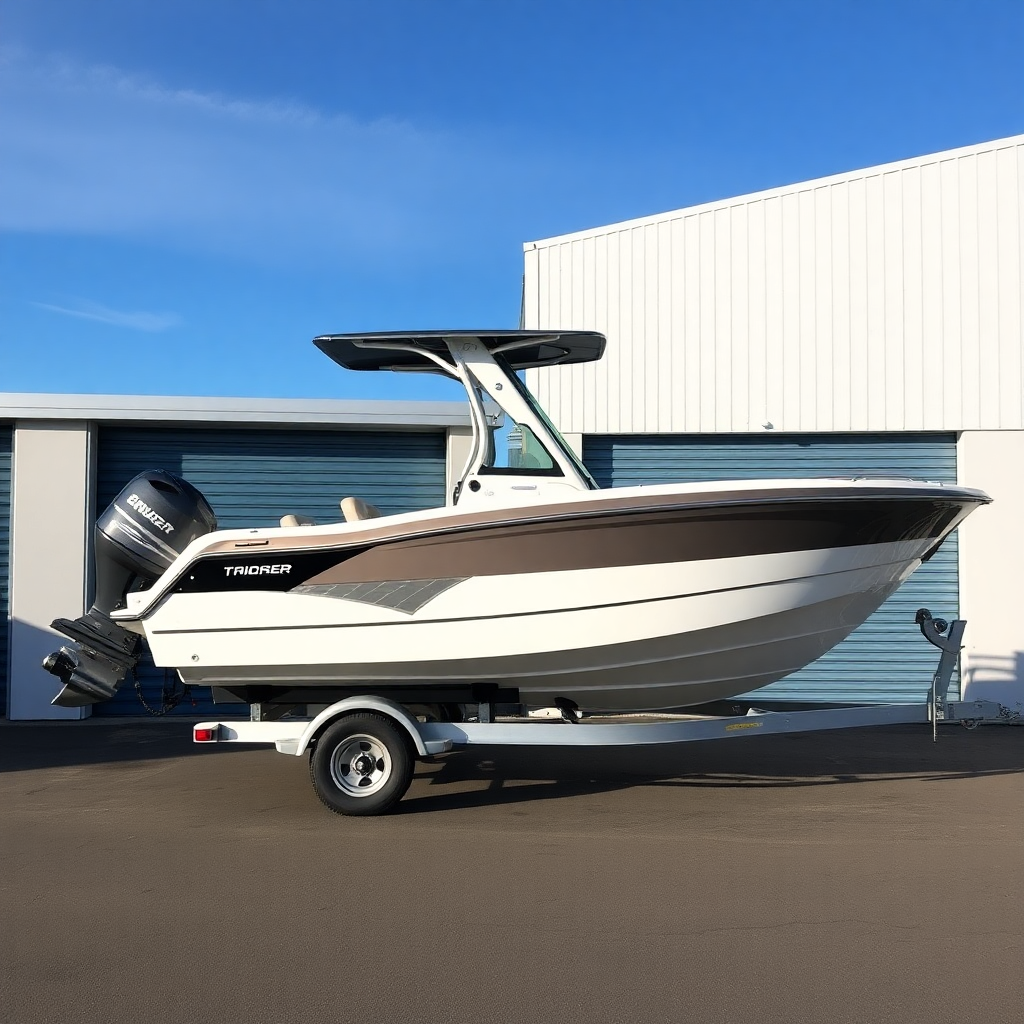 modern boat on trailer parked in a secure outdoor storage facility