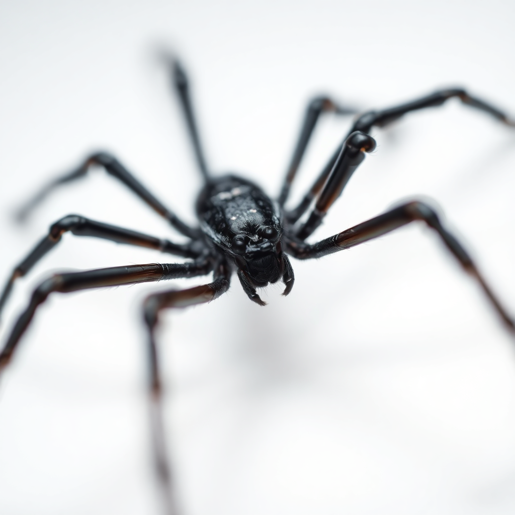 extreme closeup macro photography of a black spider insect on white background, highly detailed realistic photograph
