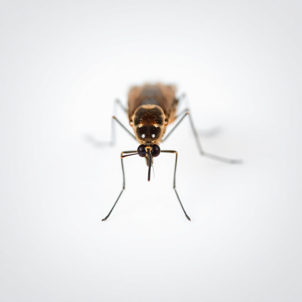 extreme closeup macro photography of a mosquito insect on white background, highly detailed realistic photograph