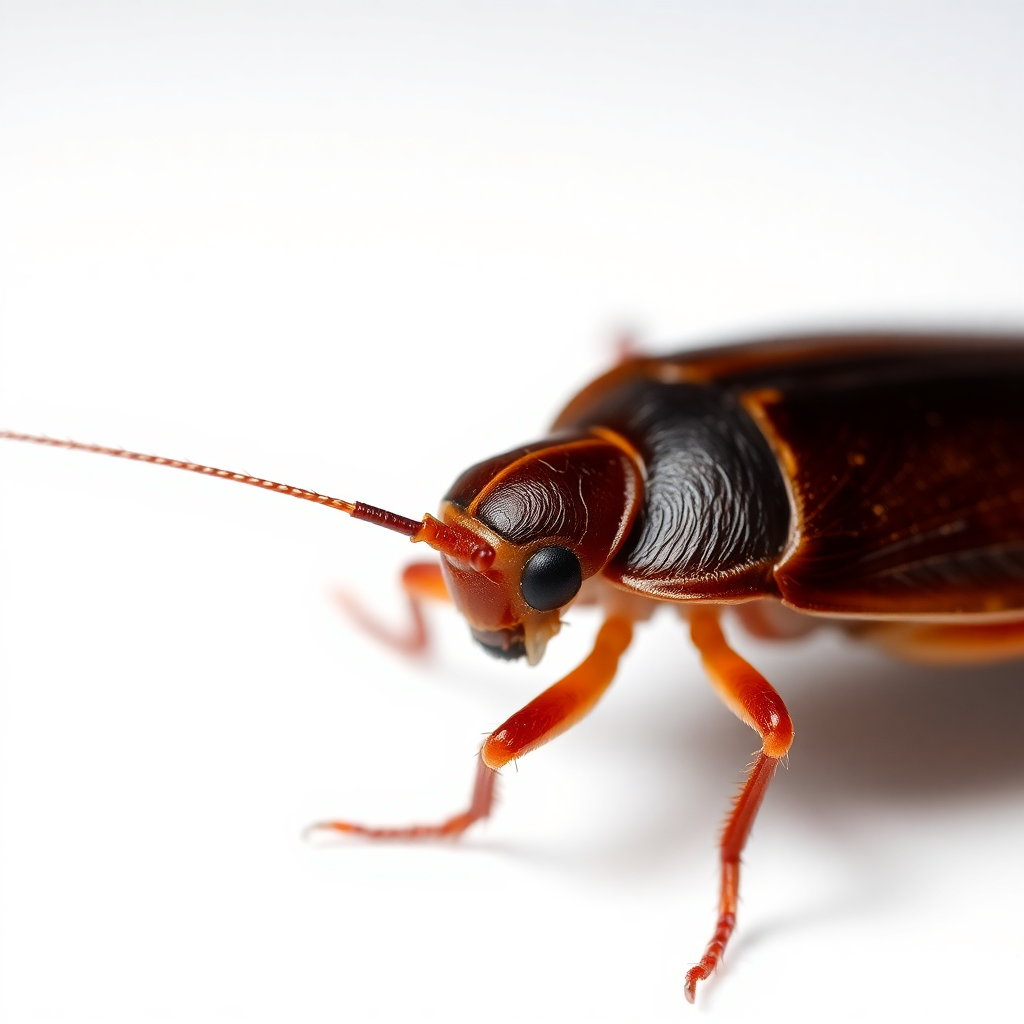 extreme closeup macro photography of a brown cockroach insect on white background, highly detailed realistic photograph
