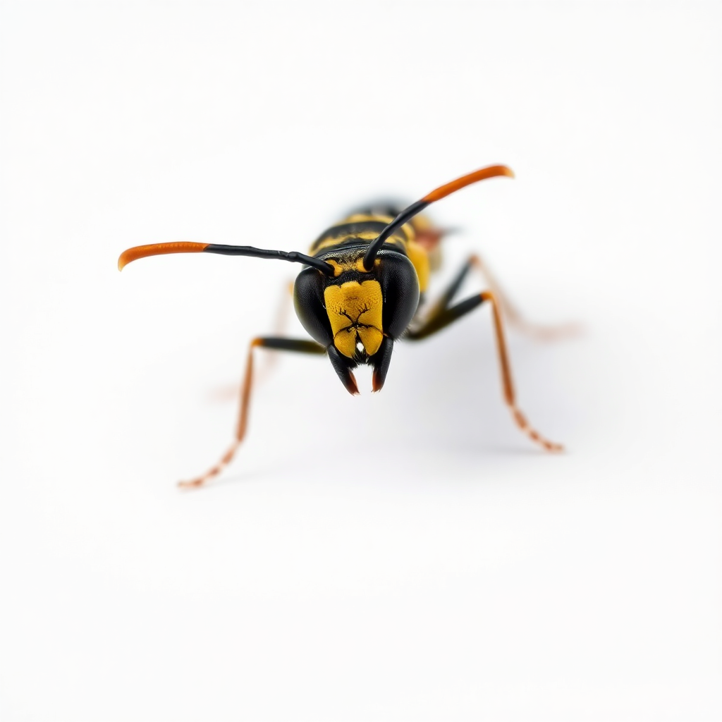 extreme closeup macro photography of a wasp insect on white background, highly detailed realistic photograph
