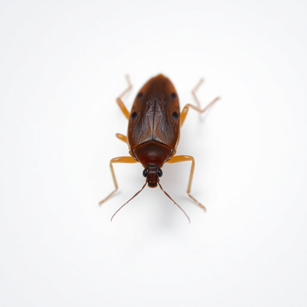 extreme closeup macro photography of a brown bed bug insect on white background, highly detailed realistic photograph