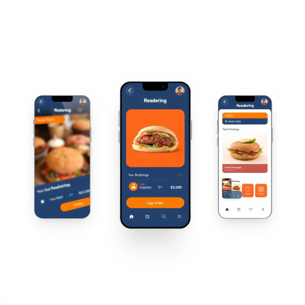 mobile restaurant app interface showing online ordering system, clean design with blue and orange accents