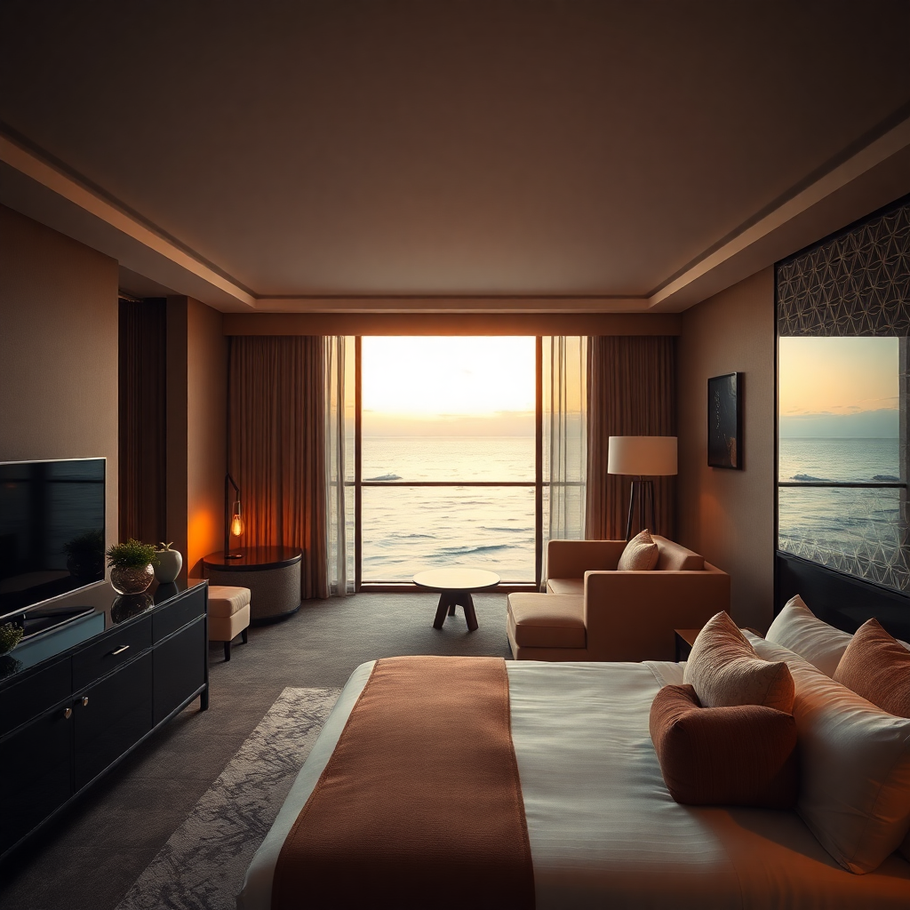 luxury hotel suite with ocean view, dusk lighting, high-end interior design, cinematic photography