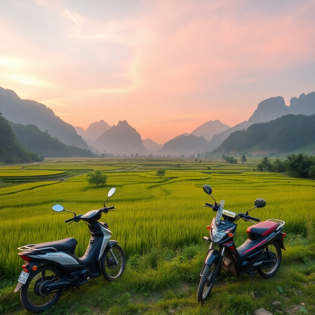 vietnam rural landscape with rice fields, mountains and electric bikes in foreground, professional photography, vibrant colors