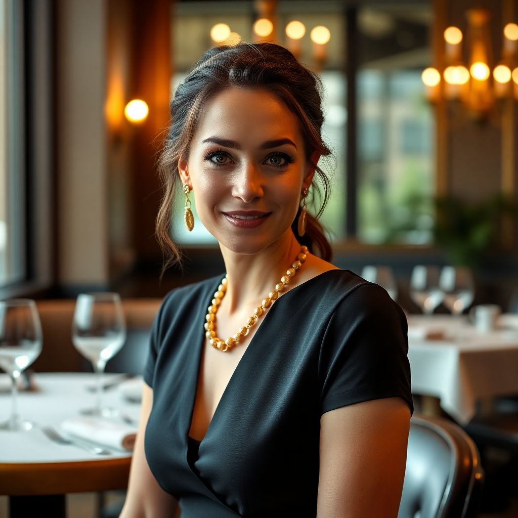 elegant woman headshot, fine dining customer portrait
