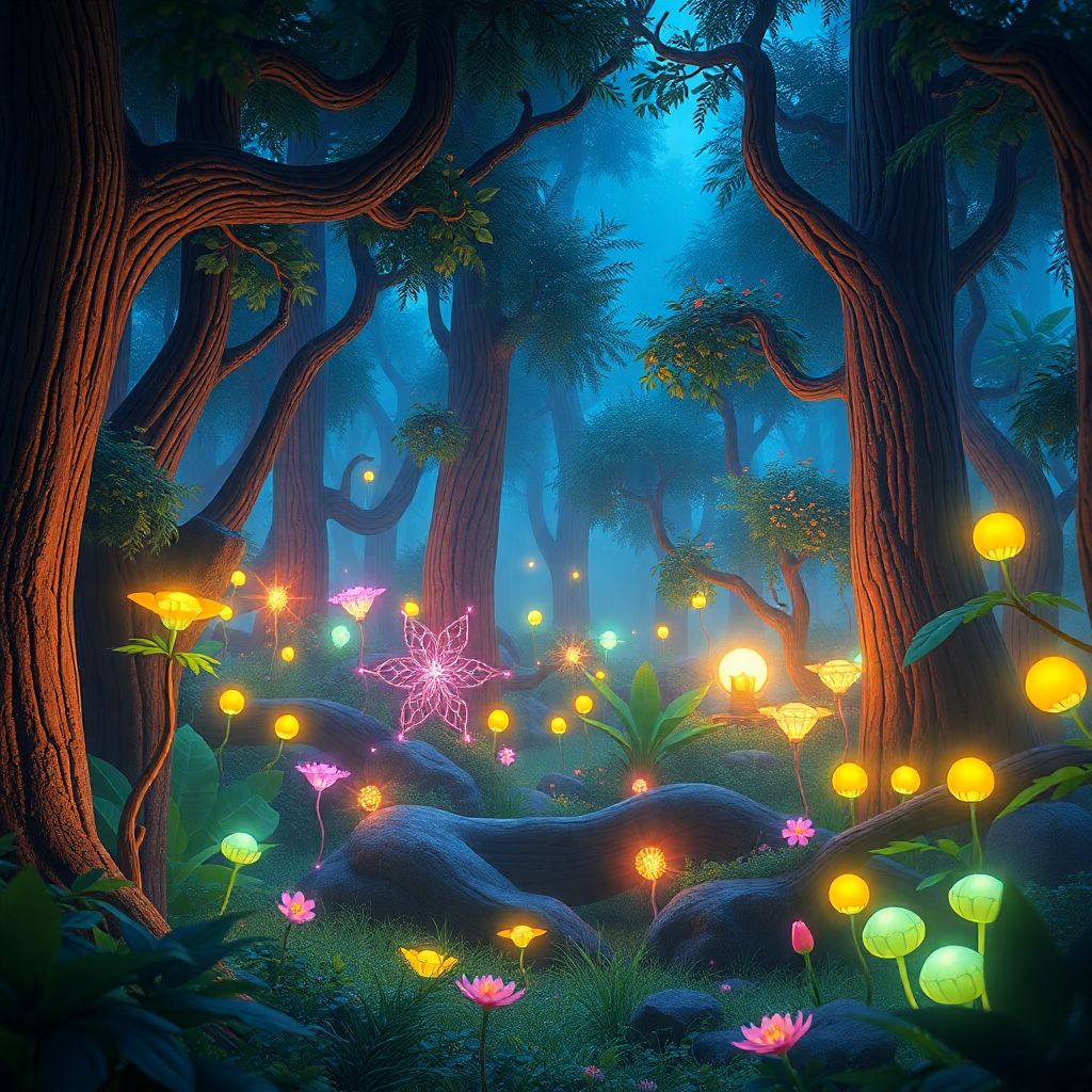 vibrant animated movie still of a magical forest with glowing plants