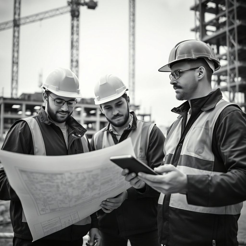 construction workers at job site with phone and blueprints