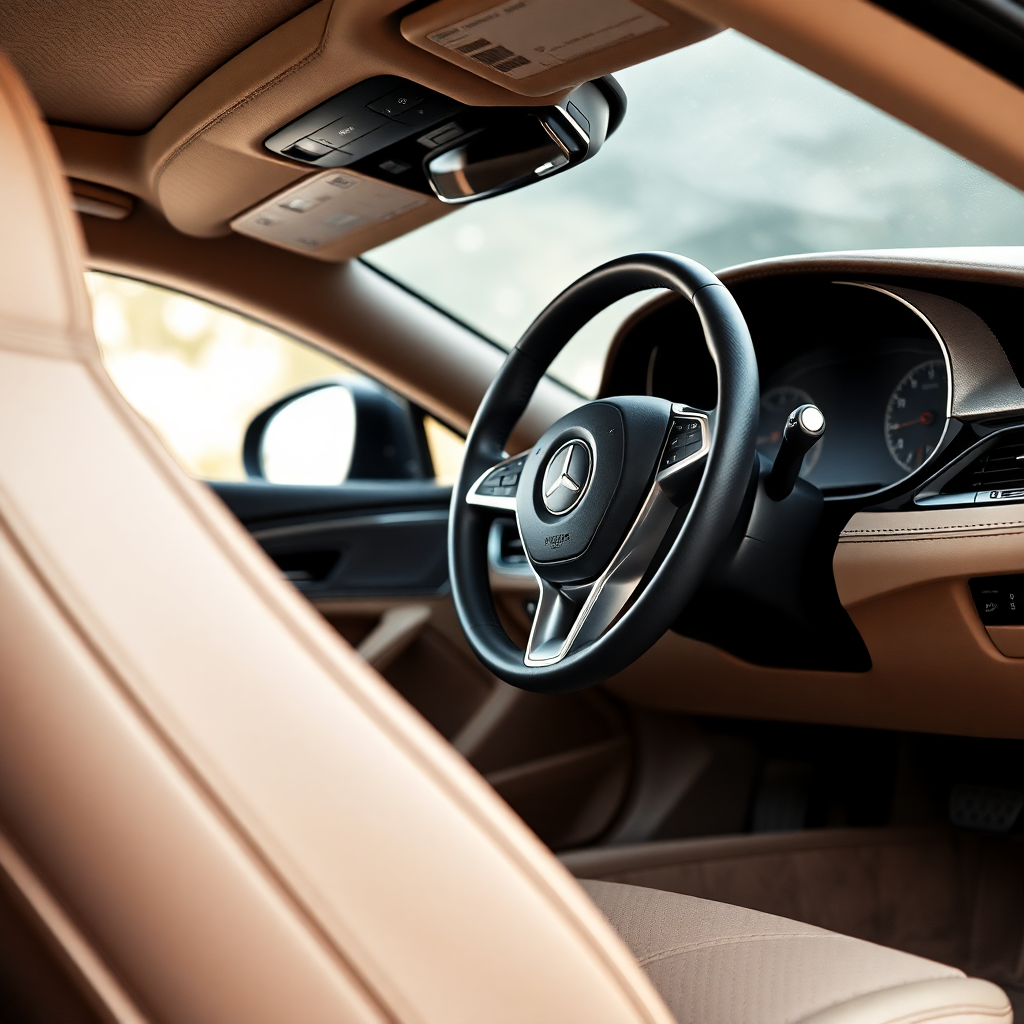minimalist luxury car interior detail leather stitching steering wheel soft natural light beige tones high end photography