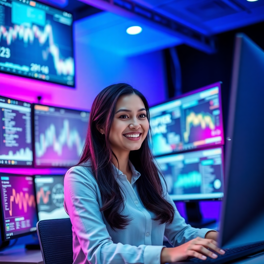 professional compliance analyst reviewing layered digital architecture diagrams on multiple screens, enterprise technology environment, purple and blue gradient lighting, serious business atmosphere