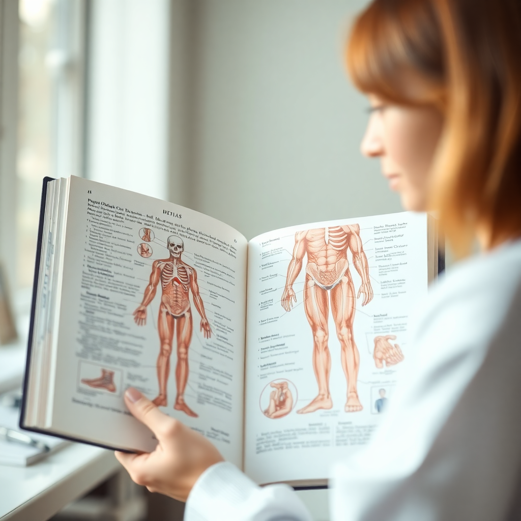 medical dictionary with anatomical illustrations, clinical setting, soft natural lighting, professional healthcare reference material, neutral tones