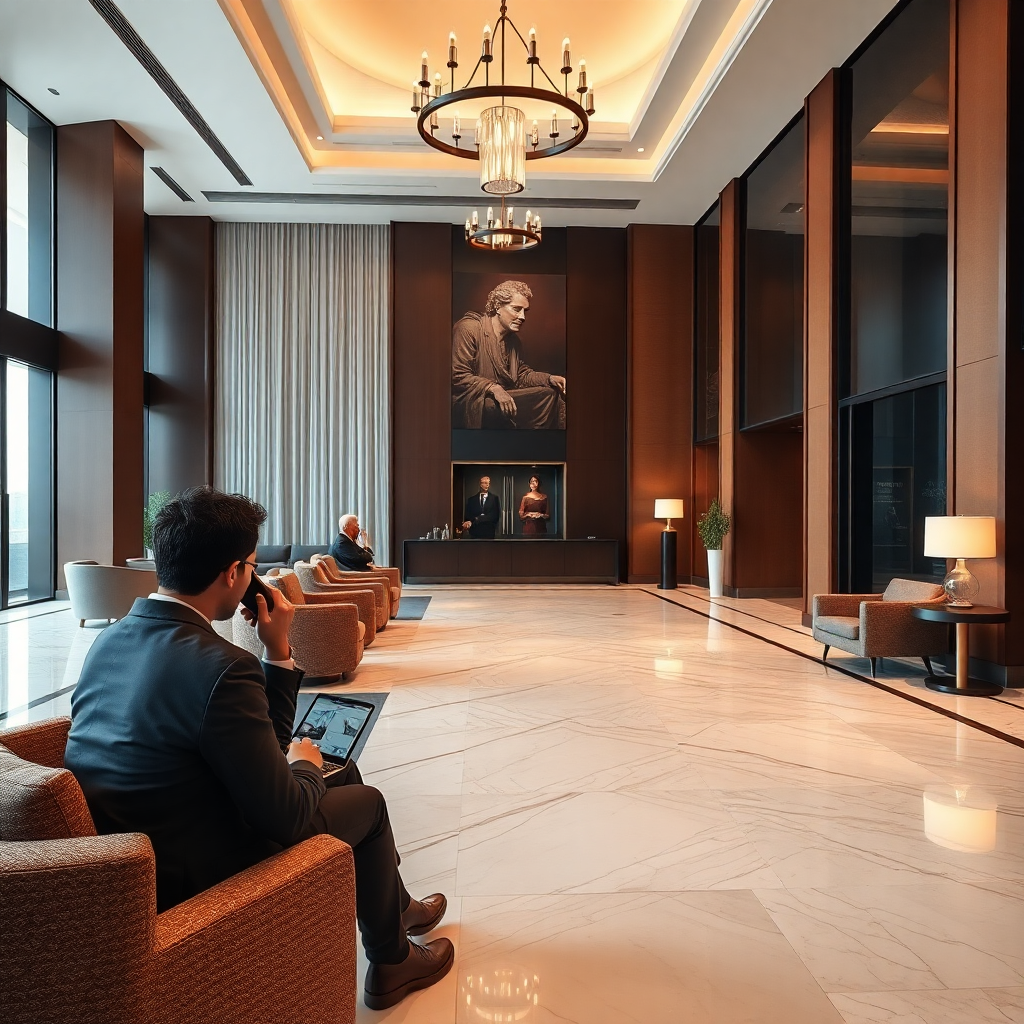 luxury hotel with empty lobby, guests on phones looking bored, missed opportunities visualization, wasted potential, hospitality industry challenges, modern hotel interior