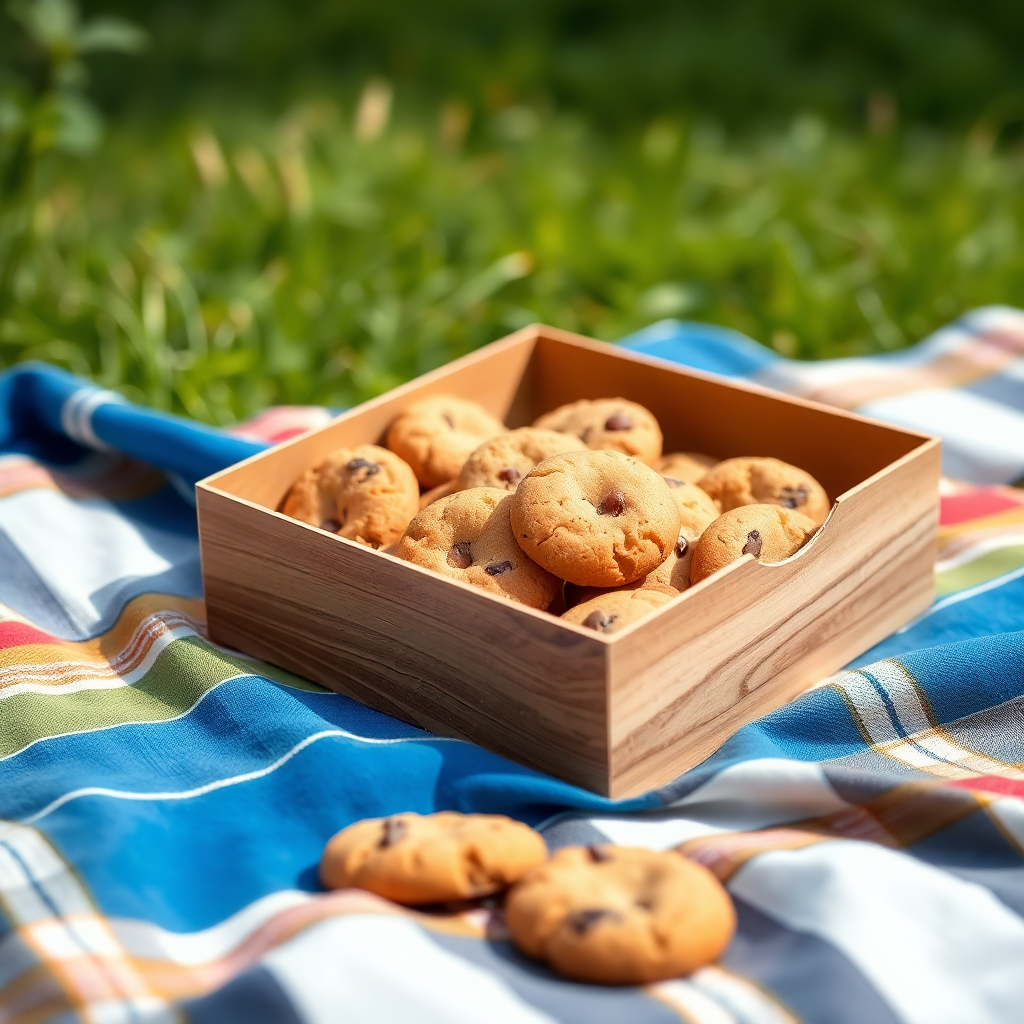 a box of cookies on a picnic blanket