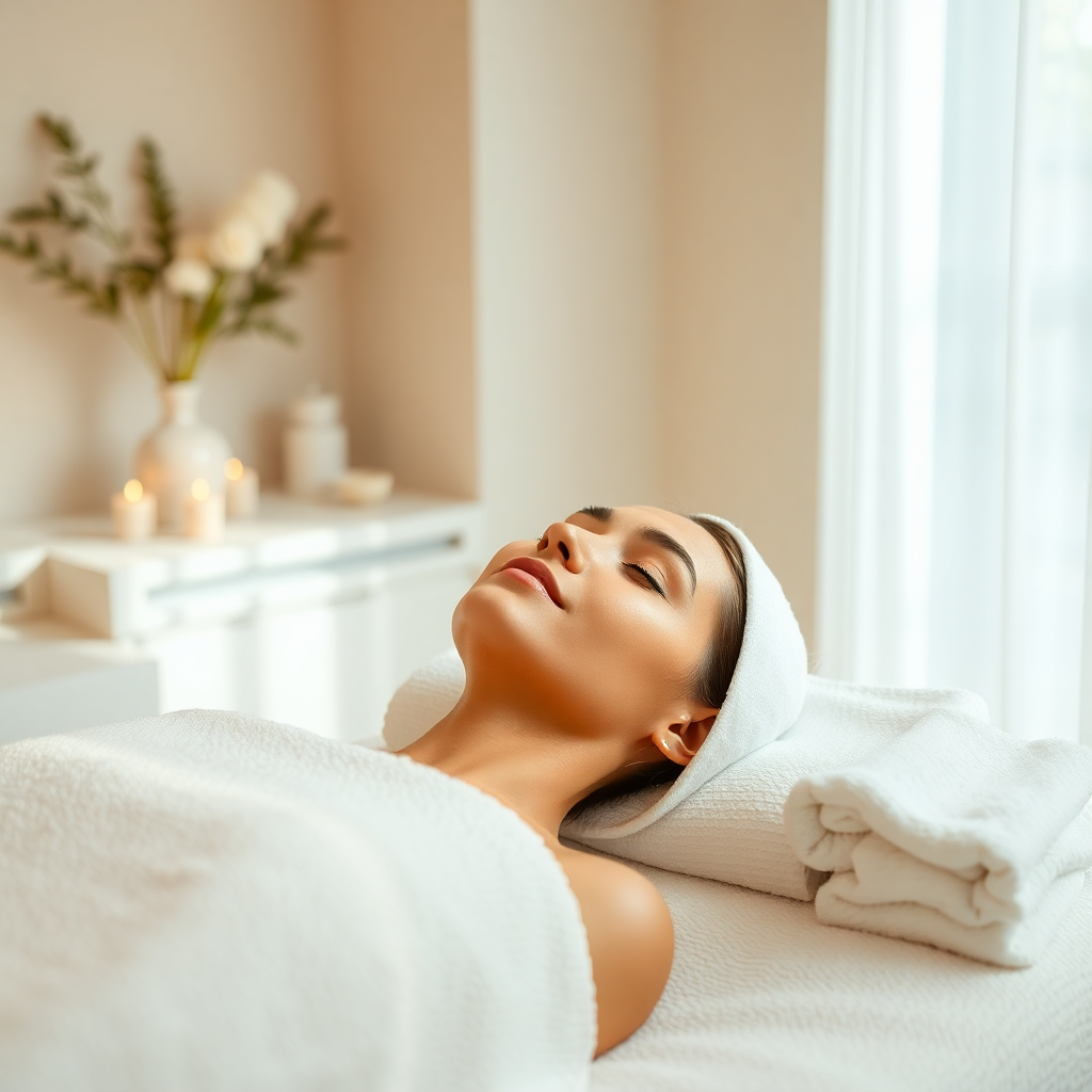 A serene spa scene with a woman receiving a facial treatment. Soft, natural lighting, minimalist decor, and a tranquil ambiance. Focus on relaxation.