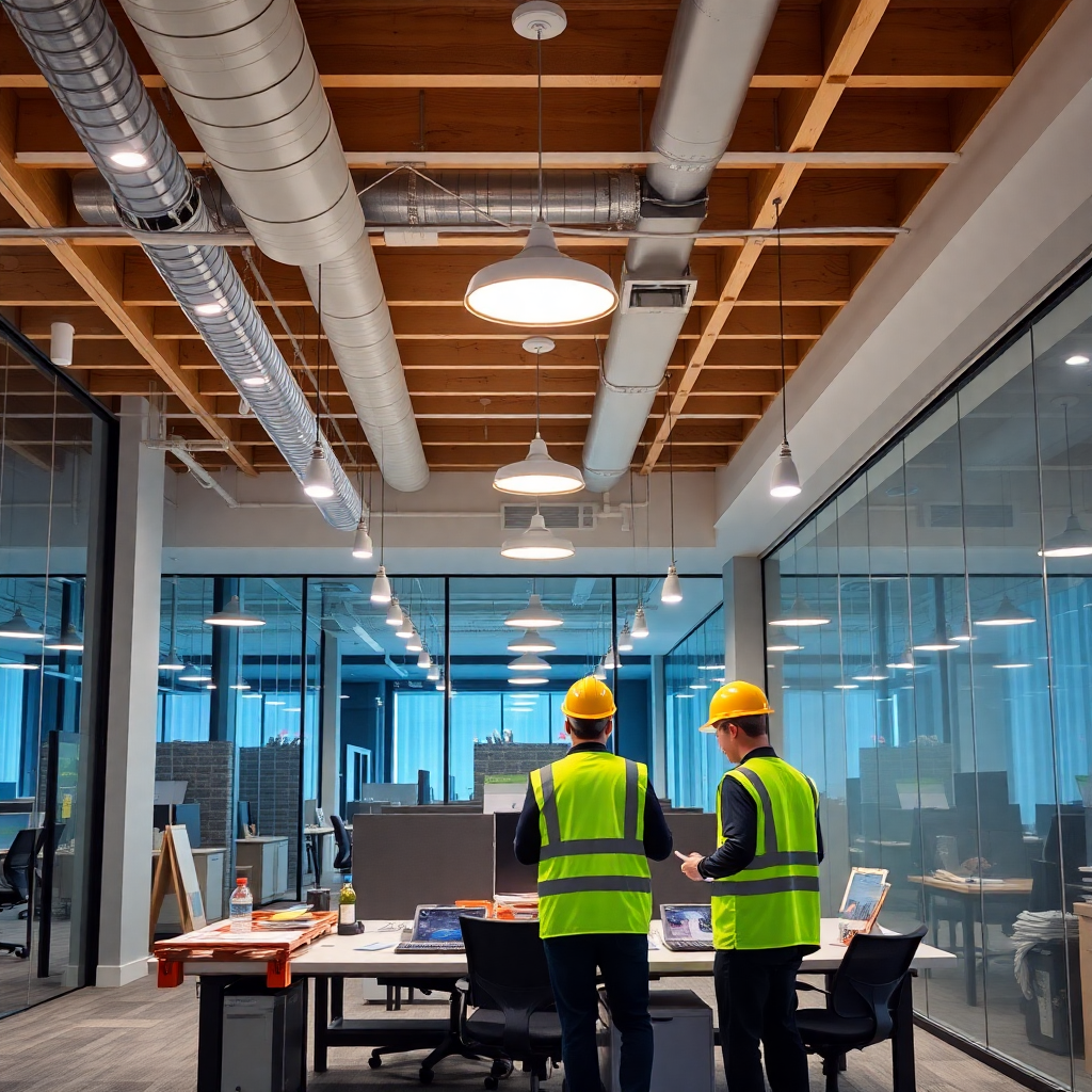 modern commercial construction interior finish-out office space with workers professional lighting