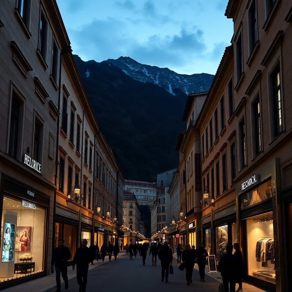 Escaldes-Engordany Andorra luxury boutique shopping avenue international brands mountain backdrop elegant street editorial photography dark cinematic warm evening light