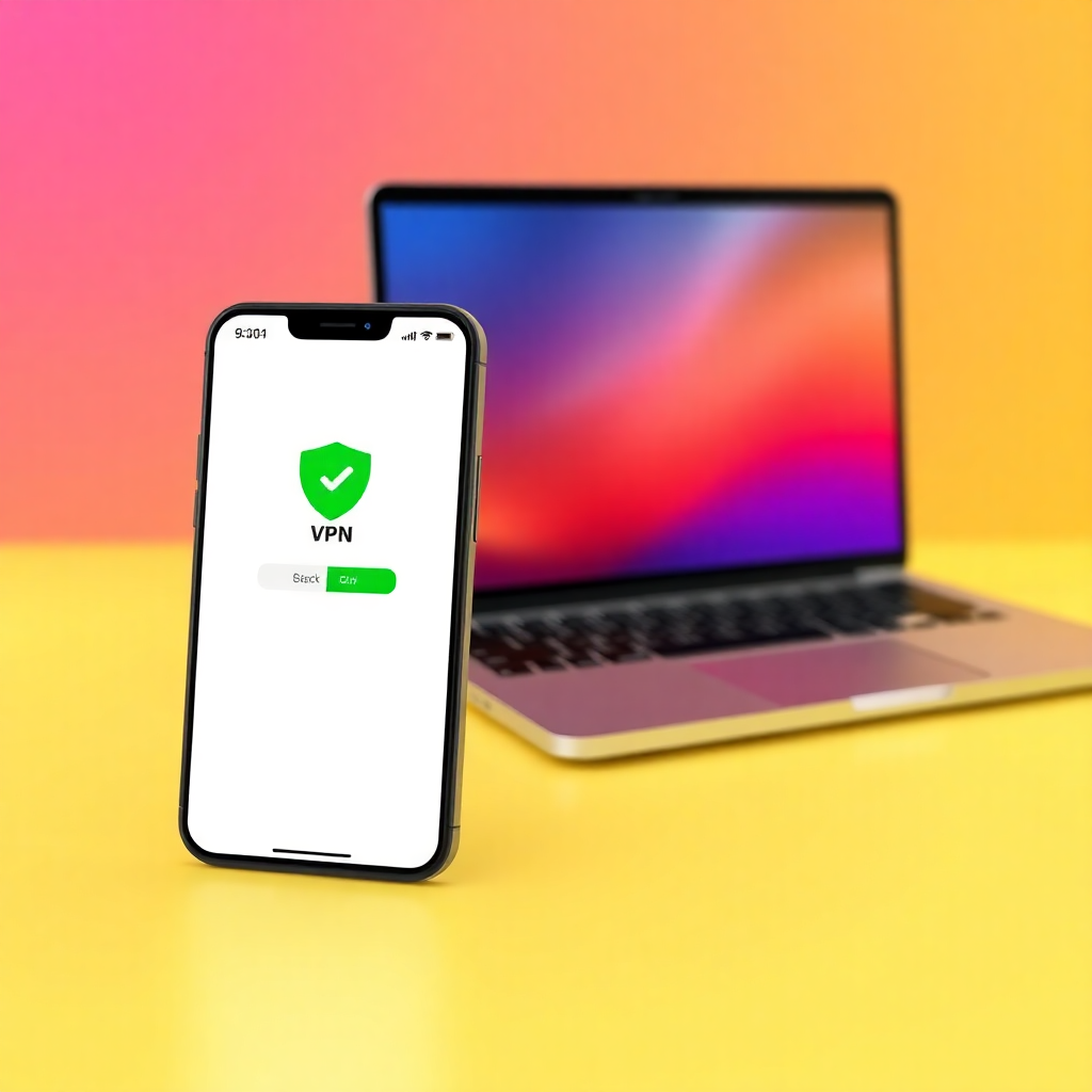 modern smartphone and laptop displaying VPN application interface with green shield icon, connection status, clean minimalist UI design, bright colorful gradient background