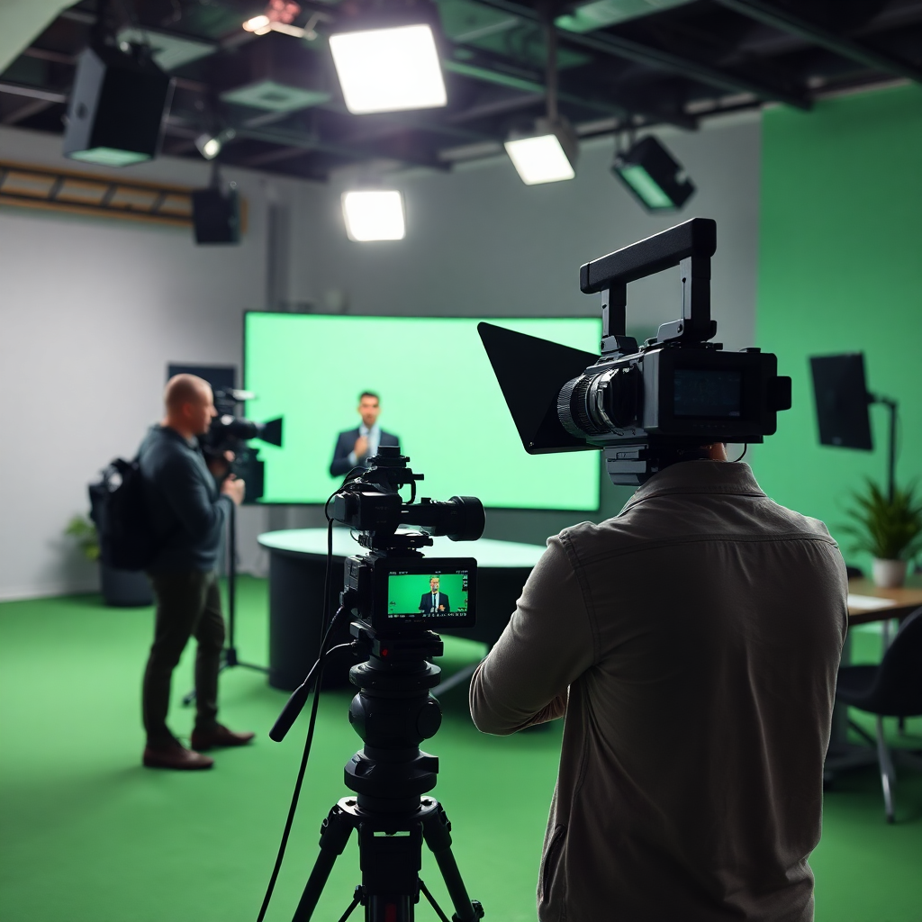 professional video production studio, corporate training video being filmed, green and modern theme