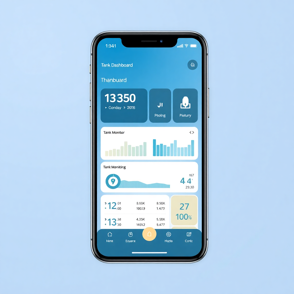 modern smartphone showing EtankNetNet app dashboard with tank monitoring interface, clean UI design