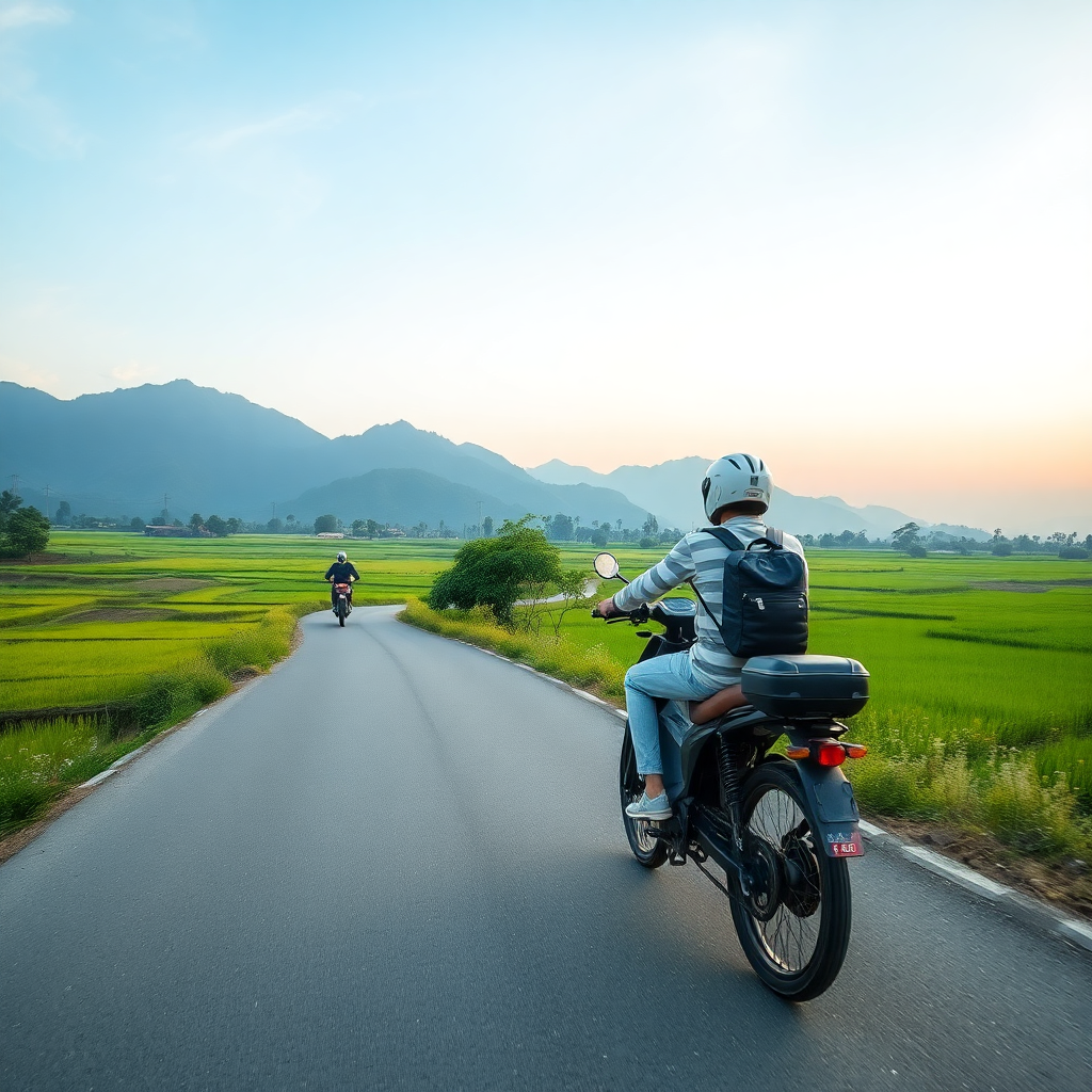 electric bike on a scenic route in Vietnam with mountains and rice fields in background, professional photography