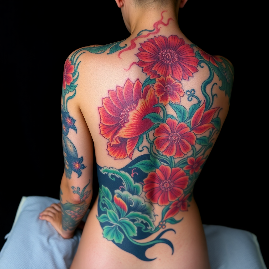 colorful back tattoo with Japanese style elements, professional tattoo photography