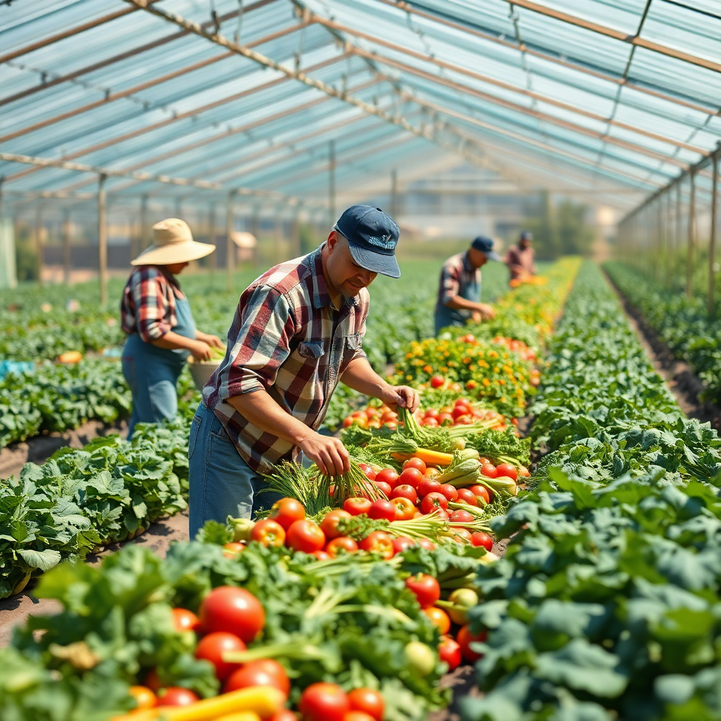 organic farm with workers harvesting vegetables, natural light, professional photography