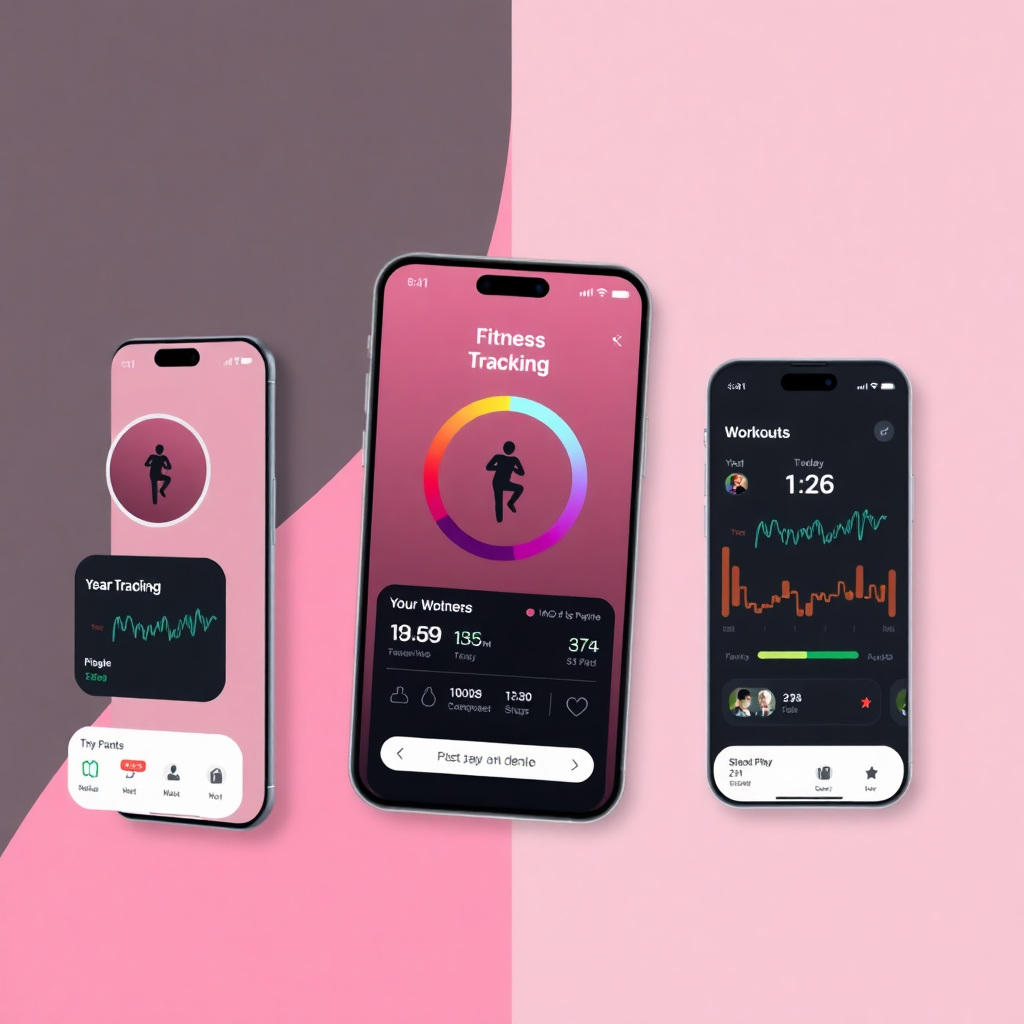 fitness tracking mobile app interface on smartphones, workout screens, health data visualization, modern design