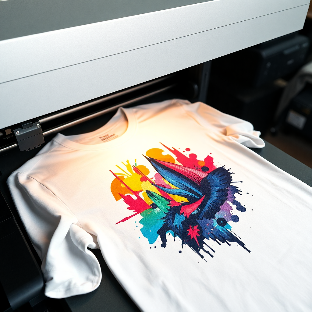 DTG direct to garment printer creating vibrant design on white t-shirt, professional textile printing technology, close-up shot, photorealistic