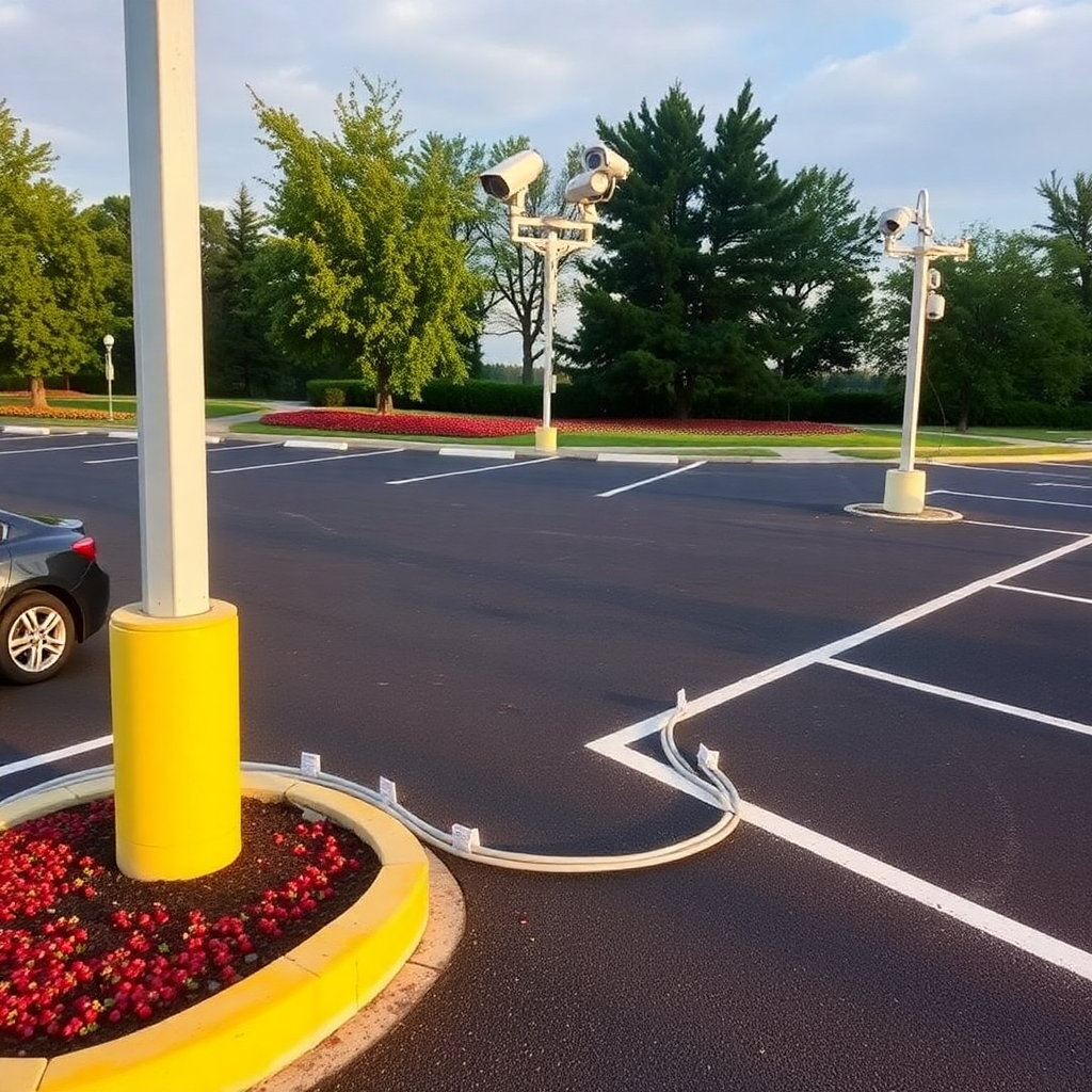 parking lot security camera installation with pole-mounted cameras and professional wiring conduits