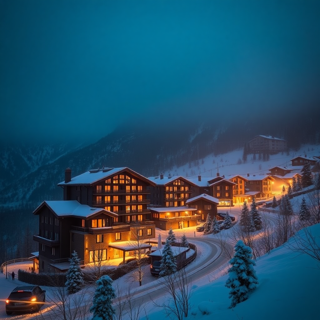 Soldeu Andorra ski village mountain luxury hotel Sport Hotel Hermitage winter snow editorial photography dark cinematic warm champagne tones alpine