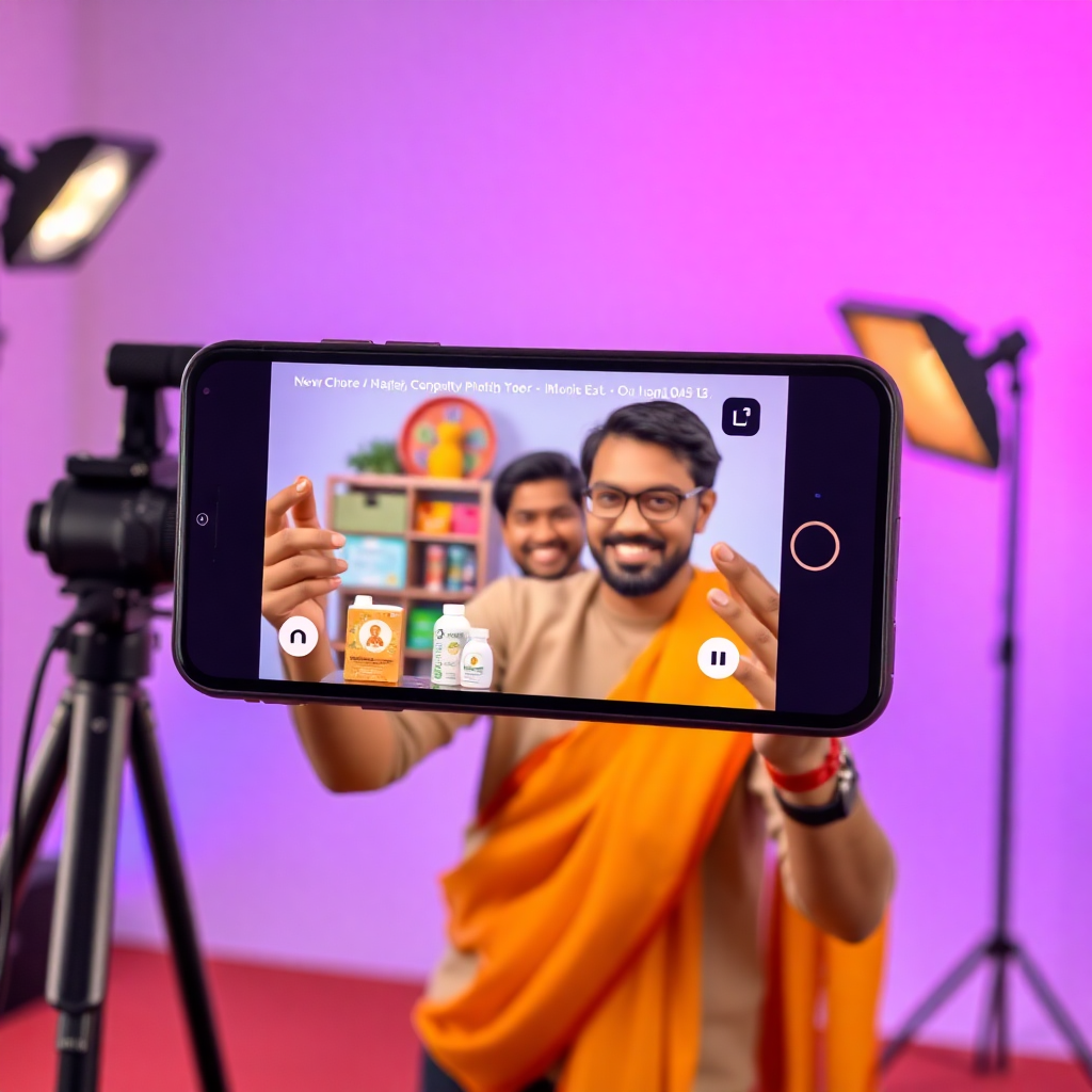 Indian seller or entrepreneur streaming live on mobile phone with products, vibrant studio setup, engaging with camera, professional lighting, gradient background