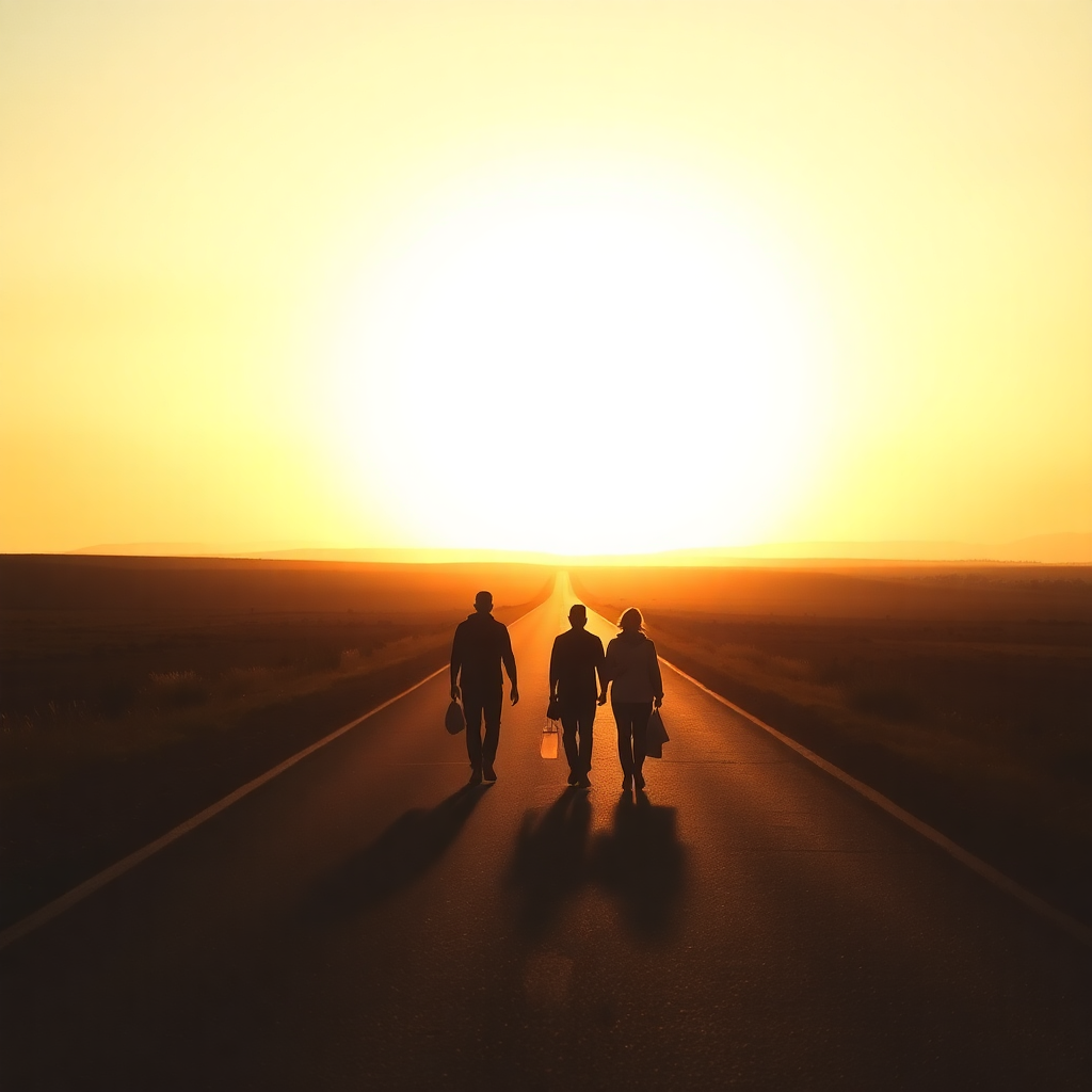 long road stretching toward bright horizon with silhouettes of people walking together, hopeful journey scene, warm lighting