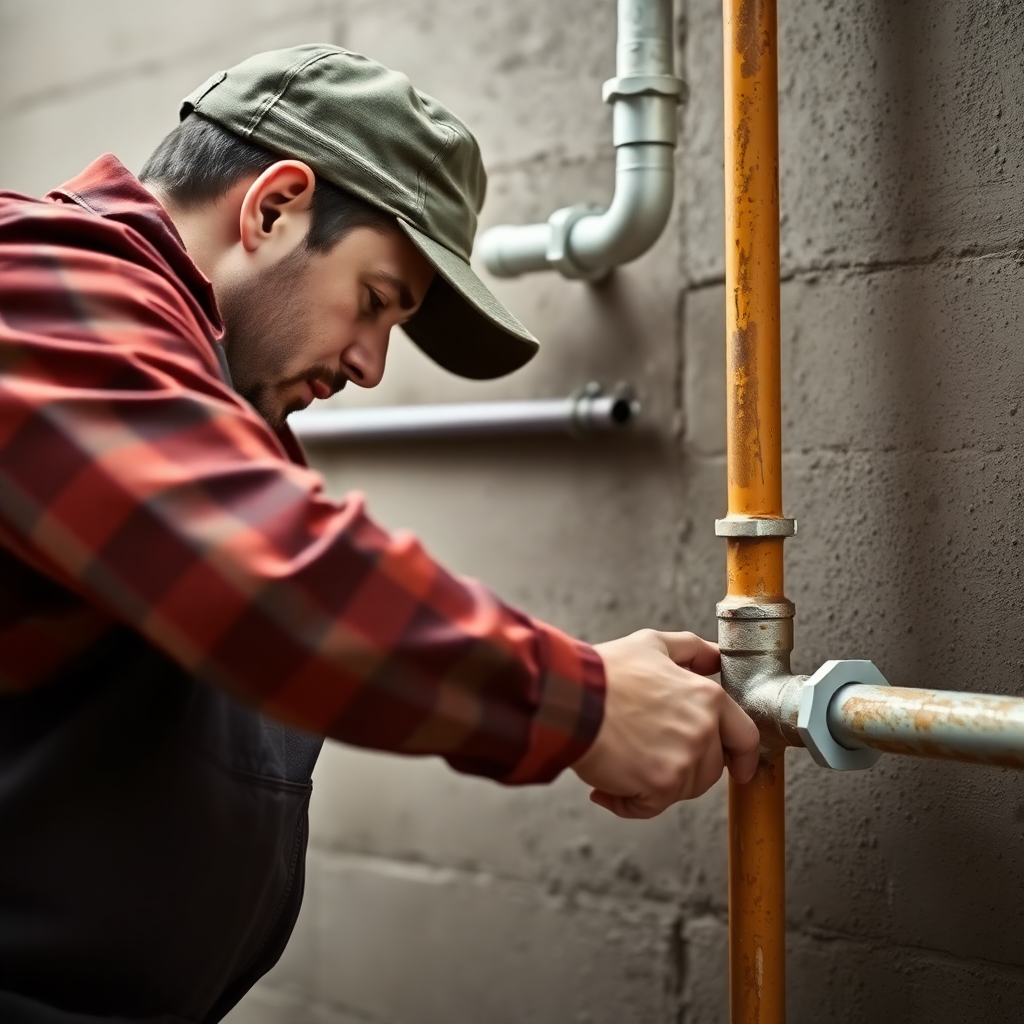 professional plumber fixing a leaking pipe, realistic photo