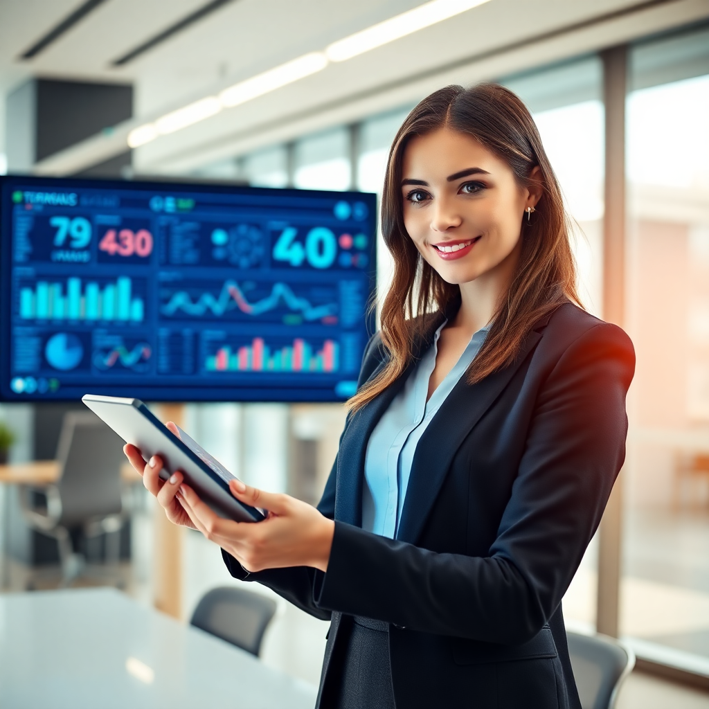 professional woman using AI-powered learning platform on tablet, modern office environment with data analytics on screen