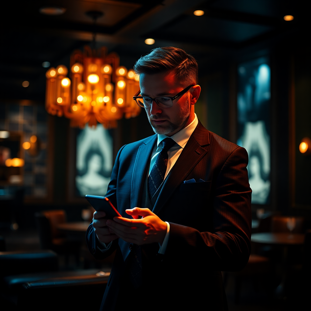high-end luxury lounge interior, dark moody lighting, a successful venture capitalist in a tailored suit looking at a smartphone, cinematic lighting, photorealistic