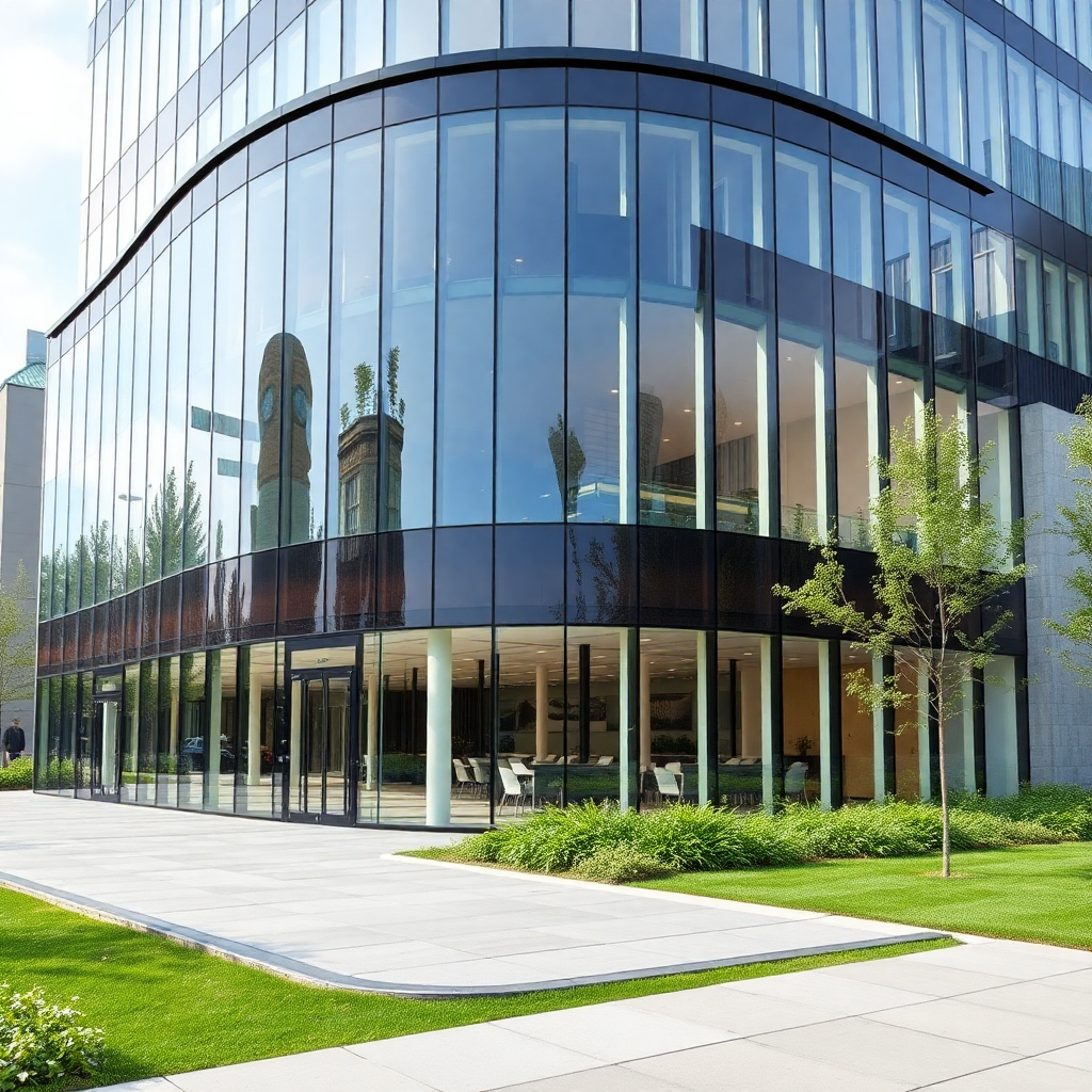 office building renovation project, modern glass facade, real estate investment