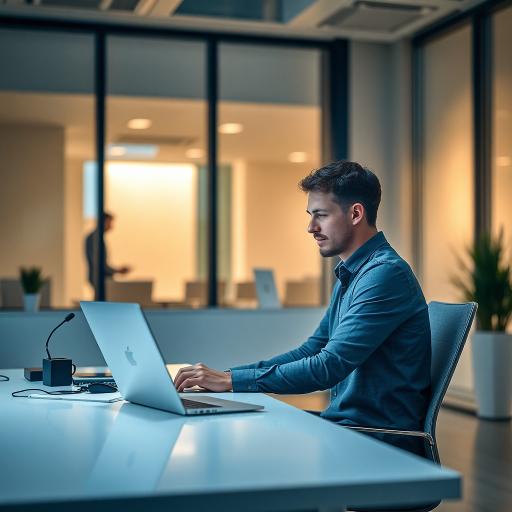 Human sitting at a clean modern desk with a laptop, focused, professional office environment, soft lighting, high quality photography