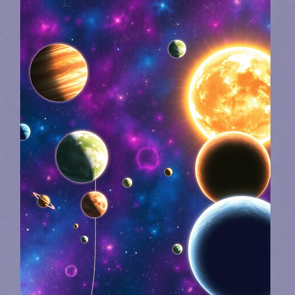 Dragon Ball universe with multiple planets and cosmic background, epic space scene, anime style