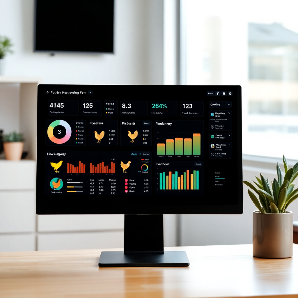 modern poultry farm management dashboard on computer screen, professional, clean interface