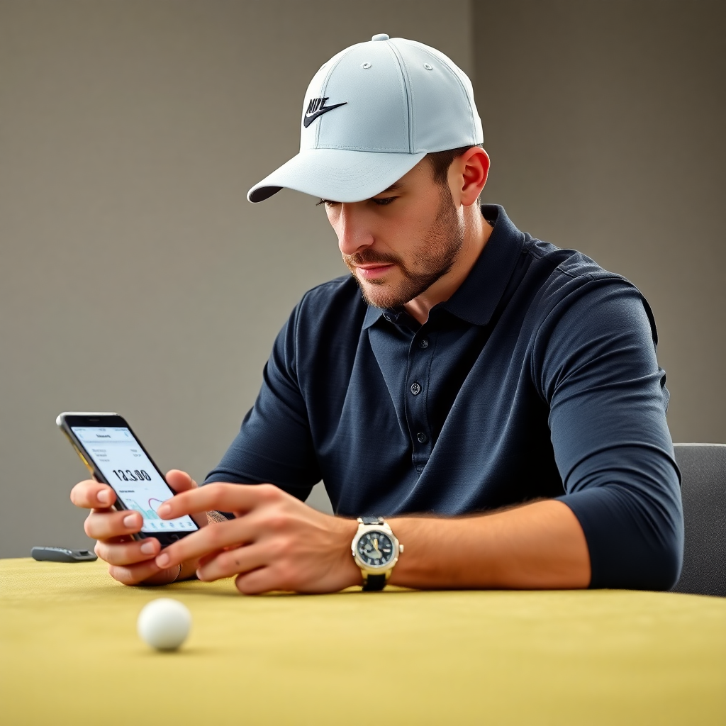 golfer analyzing stats on mobile app, professional setting