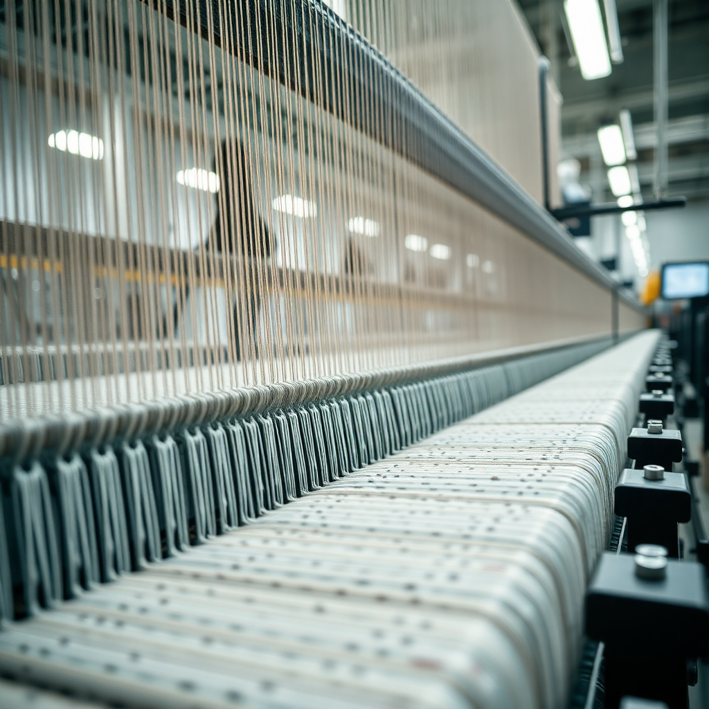 industrial textile manufacturing close-up weaving loom in motion, knit frames, fabric textures, modern factory setting, cinematic lighting