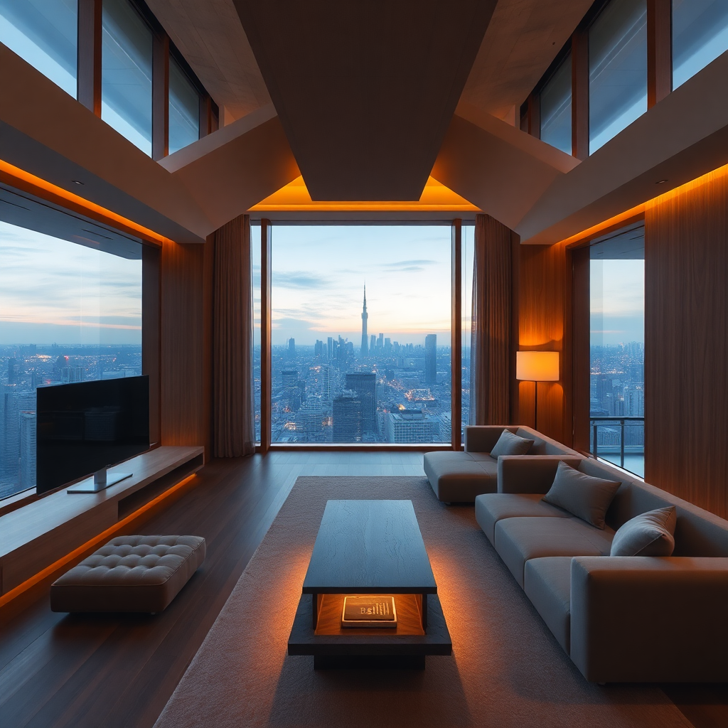 360 panoramic ultra-luxury hotel suite interior, warm lighting, floor to ceiling windows showing Tokyo skyline at dusk, wood and stone textures, minimalist zen style
