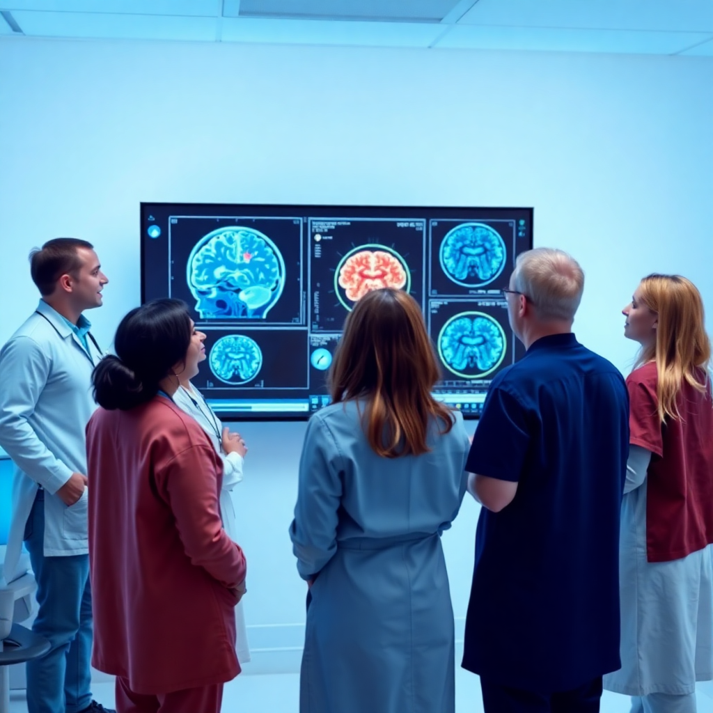 professional medical team discussing brain scan results on large screen, diverse healthcare professionals, cool blue tones, clinical tech environment
