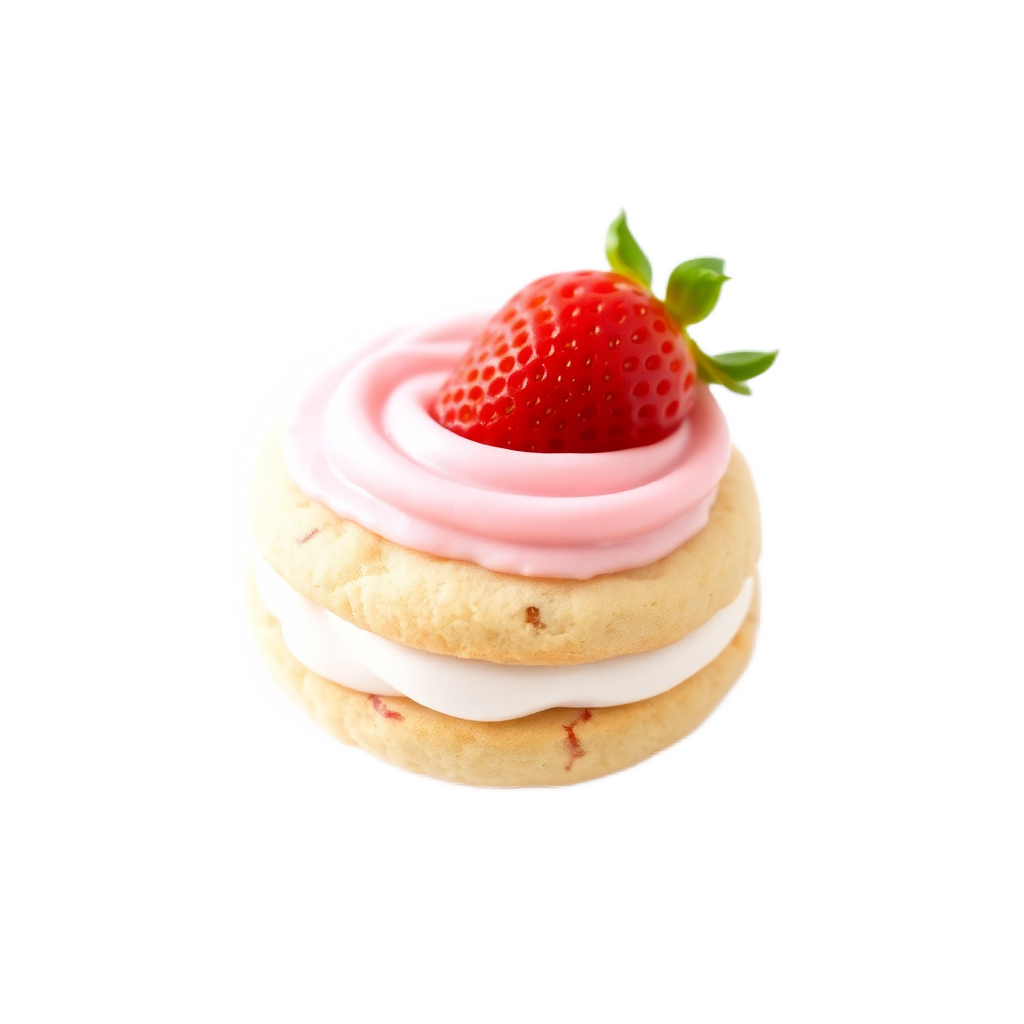 single strawberry cream cookie with pink frosting, isolated on transparent background