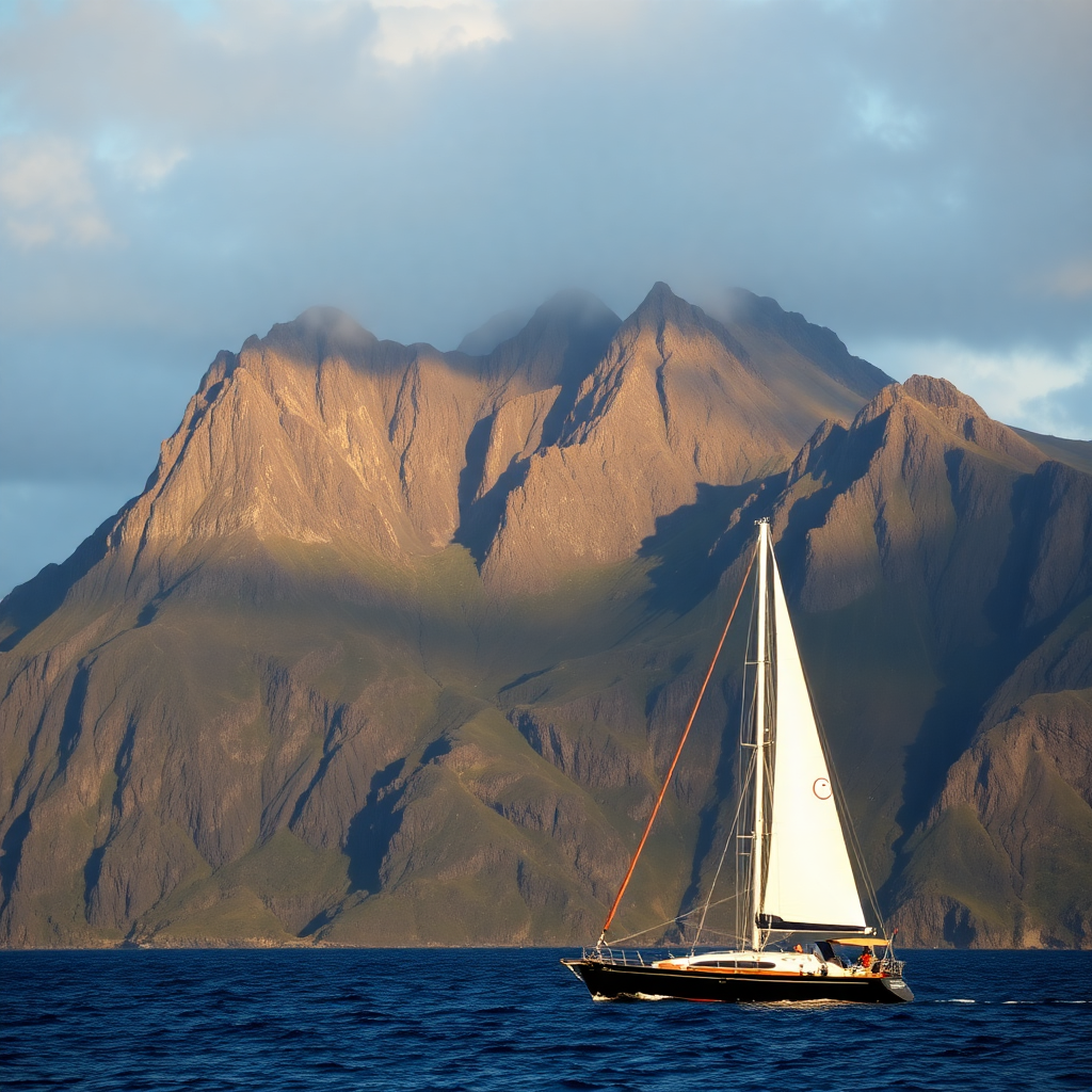 Azores islands with dramatic cliffs, sailing yacht in foreground, volcanic landscape