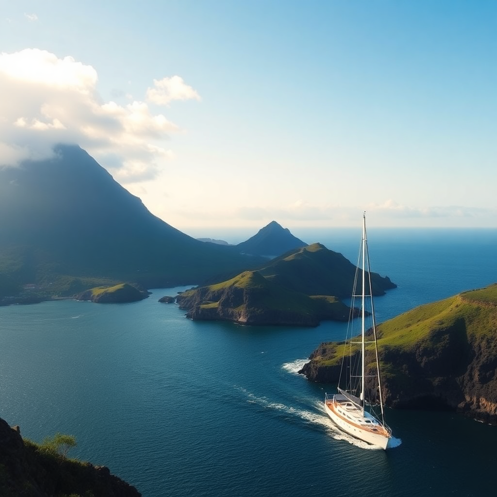 Azores islands with dramatic coastline, sailing yacht, volcanic landscape, Atlantic ocean