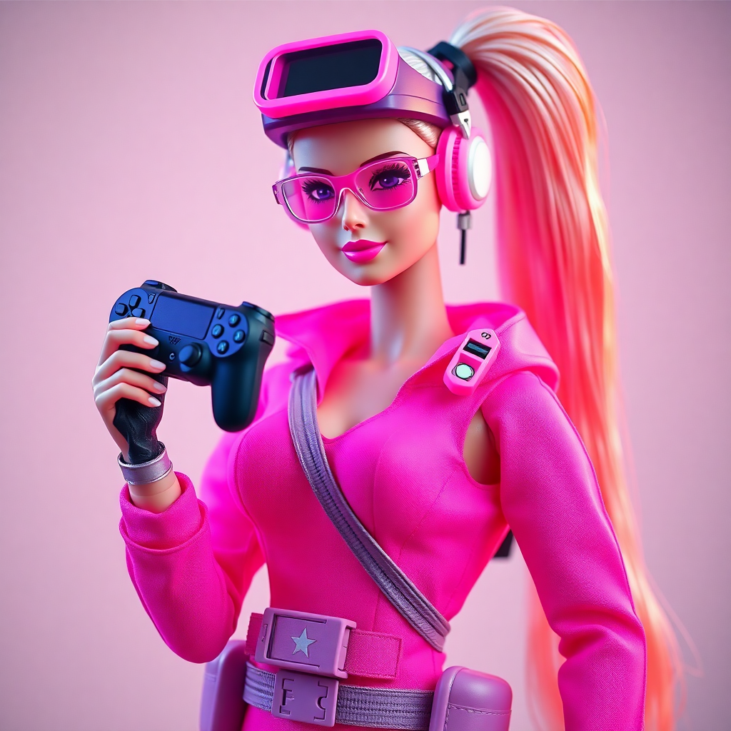 barbie doll in pink tactical gaming gear holding controller, neon cyberpunk aesthetic, studio photography