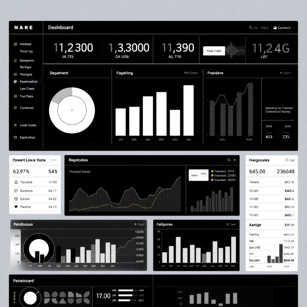Complex financial dashboard UI, stark typography, data visualization, monochrome