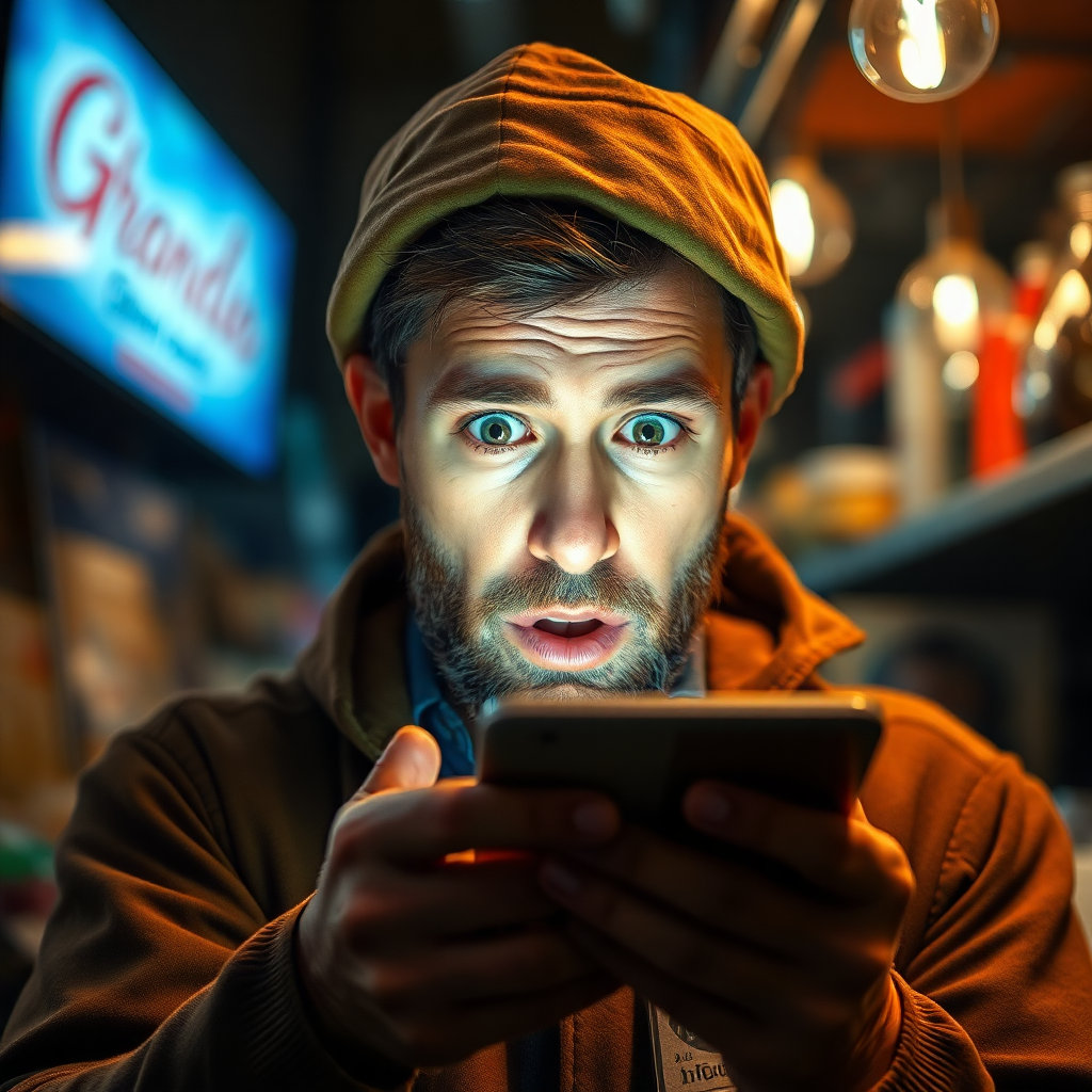 shocked merchant looking at phone