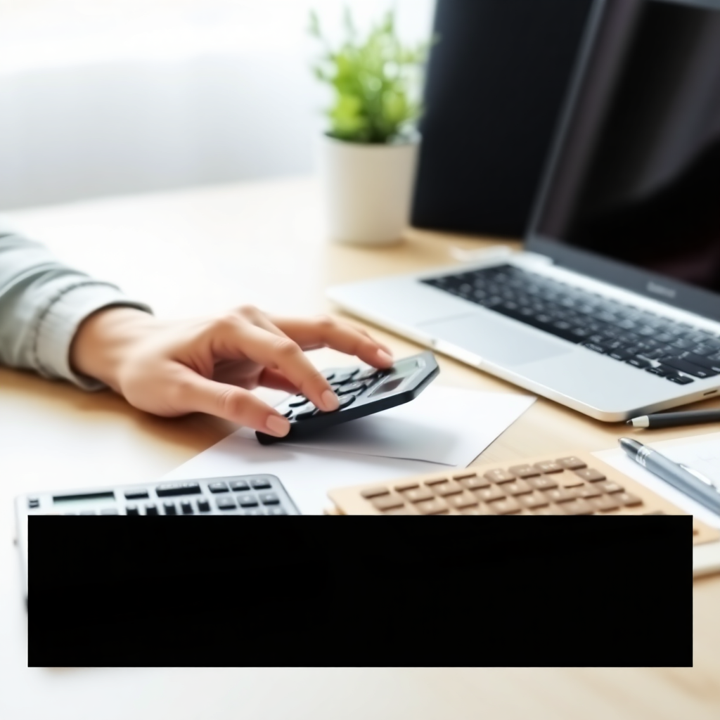 person calculating budget at home desk with calculator and laptop